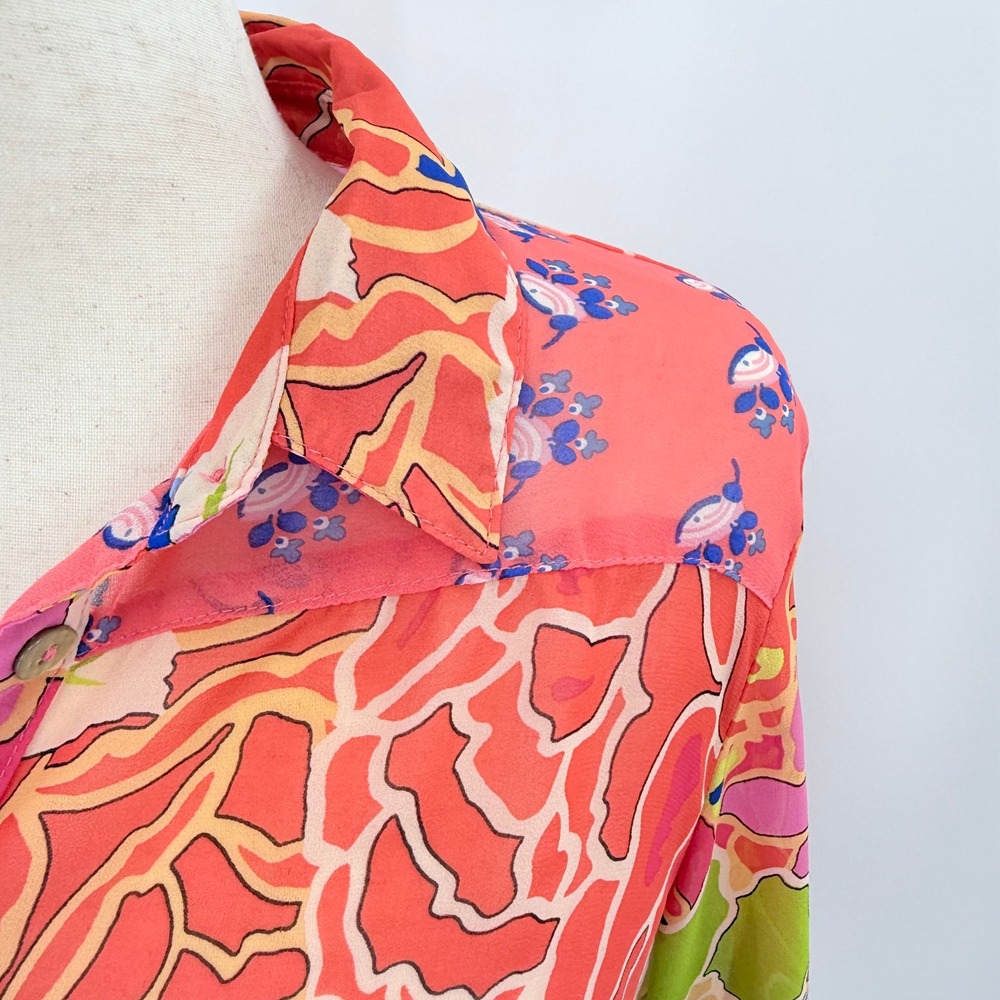 Fig and FlowerTropical Floral Button Up Roll Tab Sleeve Blouse Coral Pink L - Picture 5 of 10